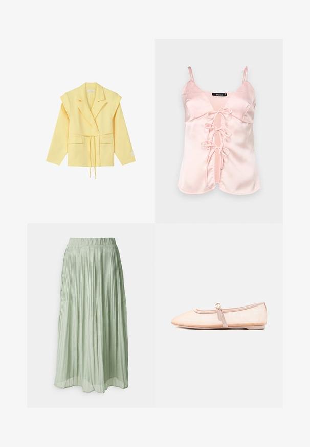 Blazer sur mesure jaune clair avec épaules rembourrées, fermeture à bouton unique, poches avant et ceinture nouée à la taille sur fond blanc.; Camisole en satin rose avec des bretelles spaghetti réglables, dotée d'une fermeture à nouer à l'avant avec des anses et d'un décolleté en V. Texture lisse et lignes épurées.; Jupe midi plissée en tissu vert clair avec une texture douce. Taille élastique, design fluide et léger éclat partout.; Chaussure plate beige clair avec un bout pointu et une bride latérale avec boucle, présentée sur un fond blanc uni.
