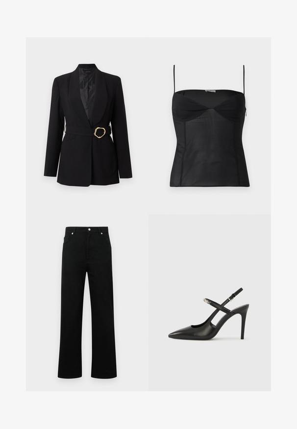 Blazer noir sur mesure avec col châle et ceinture assortie présentant une boucle dorée irrégulière, affiché sur un fond clair uni.; Haut noir ajusté sans manches avec fines bretelles, encolure en cœur et détails de coutures sur un fond blanc uni.; Jean en denim noir avec une taille haute, coupe droite, deux poches avant, fermeture à bouton et un design minimaliste.; Escarpins slingback en cuir noir avec bout pointu, design ajouré et bride ajustable ornée de ferrures métalliques.
