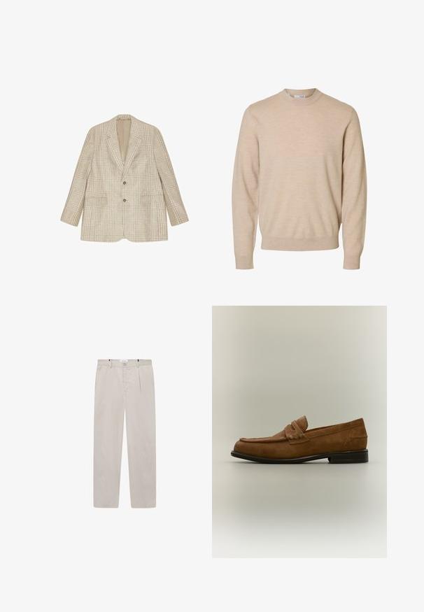Blazer beige à carreaux avec deux boutons, revers crantés et poches à rabat, présenté à plat sur fond blanc.; Pull beige à manches longues et col rond en tissu tricoté doux, avec poignets et ourlet côtelés, conçu pour hommes.; Pantalons beige clair en tissu doux, présentant une coupe droite, deux poches latérales et une fermeture par bouton à l'avant. Texture légère et lisse.; Mocassin en daim marron avec un petit talon noir et un détail de bride cousue sur la tige, présenté de profil sur un fond neutre.