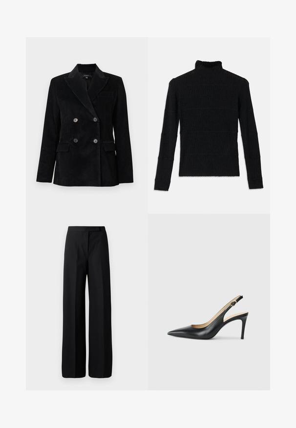 Sort kordfløjlsblazer med dobbeltknapning, klapkrave, to forlommer og teksturerede lodrette striber. Har seks knapper.; Sort ribbet turtleneck sweater med lange ærmer og en tekstureret overflade. Fremstår med vandrette striber og en bølget kant ved ærmerne.; Bredbenede sorte bukser med en glat, mat tekstur. Flad talje uden synligt hardware eller mønstre. Simpelt og elegant design.; Sorte læder slingback højhælede sko med spids tå, justerbar rem og en slank stiletto hæl, der har en glat finish.