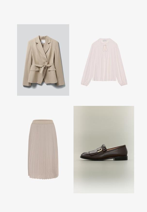 Blazer beige ajusté avec revers crantés, deux poches avant à rabat, fermeture à boutons et ceinture assortie en tissu nouée à la taille.; Blouse rose pâle à manches longues avec un nœud en keyhole, un devant plissé et des poignets froncés. Tissu lisse, coupe décontractée et design minimaliste.; Jupe plissée en beige clair, dotée d'une taille élastique et d'une texture douce, avec des plis verticaux offrant une silhouette fluide.; Mocassin en cuir marron foncé avec détail à franges et boucle dorée sur fond neutre, vue latérale.