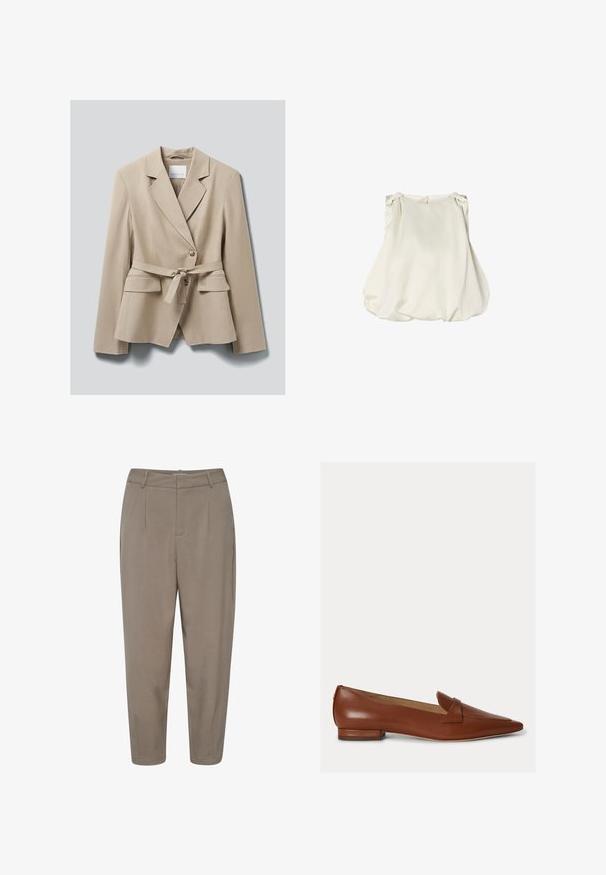 Blazer beige ajusté avec revers crantés, deux poches avant à rabat, fermeture à boutons et ceinture assortie en tissu nouée à la taille.; Blouse blanche sans manches avec tissu froncé aux épaules et ourlet ample en forme de ballon.; Pantalons en brun clair, effilés, avec une finition lisse, dotés de plis avant, de poches latérales et d'une taille standard.; Chaussure plate en cuir marron à bout pointu avec un talon bas et une bride sur le dessus, présentée sur un fond clair uni.