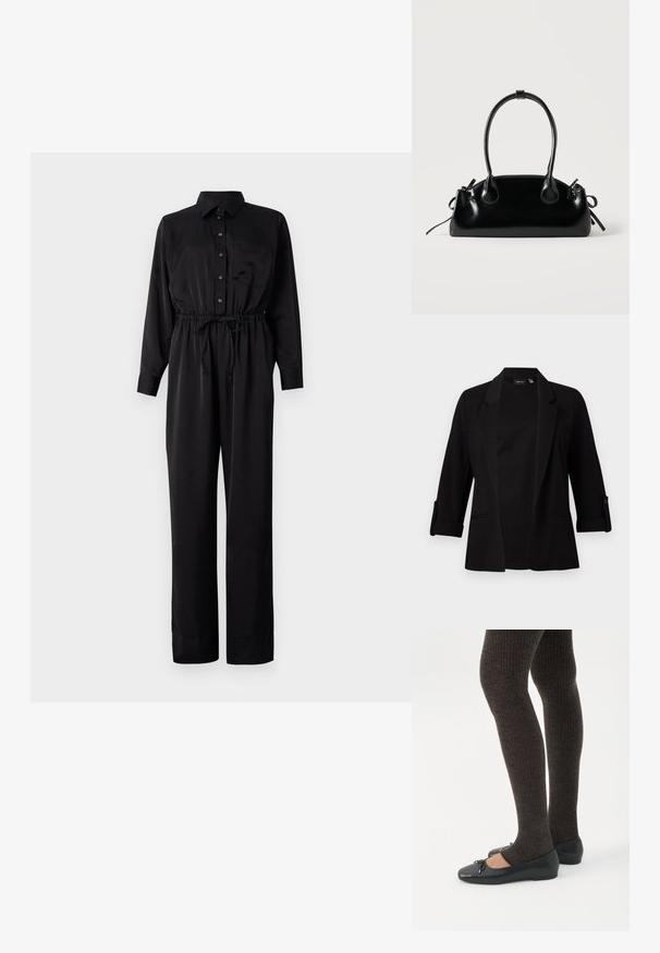 Zwarte blazer met driekwart mouwen, gestructureerde revers, open ontwerp aan de voorkant en knoopdetails op de mouwen. Glad stoftextuur.; Zwarte jumpsuit met lange mouwen, knoopsluiting aan de voorkant, borstzak, elastische taille met trekkoord en wijde pijpen van een gladde stof.; Benen met donkere geribbelde leggings gecombineerd met zwarte ballerina's met kleine strikdetails op een witte achtergrond.; Kleine zwarte glanzende handtas met twee lange hengsels en zijkant trekkoord details op een effen lichte achtergrond.