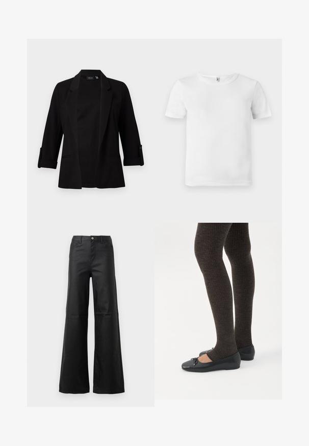Blazer negro con mangas de tres cuartos, solapa estructurada, diseño abierto en la parte frontal y detalle de botones en las mangas. Textura de tela suave.; Camiseta blanca de manga corta con textura acanalada. Cuello redondo clásico, sin logotipos ni patrones visibles, y un diseño simple y limpio.; Jeans de pierna ancha negros, hechos de denim suave, que cuentan con cierre de botón, bolsillos frontales y un diseño de cintura alta.; Piernas con leggings oscuros acanalados combinados con bailarinas negras que presentan pequeños detalles de lazo sobre un fondo blanco.