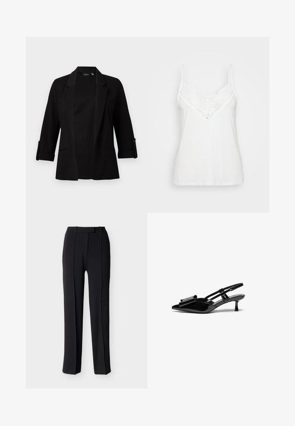 Sort blazer med trekvartærmer, struktureret revers, forreste åbent design og knapdetalje på ærmerne. Glat stoftekstur.; Hvid cami-top med tynde stropper, der har et blonde V-halsdesign og glat tekstur. Enkel, tætsiddende form uden yderligere mønstre.; Sorte bukser med rette ben i glat stof, med to forlommer, flad forside og standard bånd med bæltestropper.; Sorte patenterede læderslingbacks med spids tå, en sløjfedetalje foran og en lille stilettohæle. Remmene har justerbare spænder.
