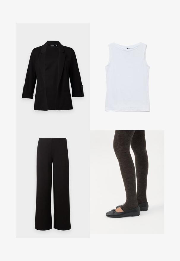 Sort blazer med trekvartærmer, struktureret revers, forreste åbent design og knapdetalje på ærmerne. Glat stoftekstur.; Ærmeløs hvid bomuldstop med bred rund halsudskæring og lige kant, vist fladt på en hvid baggrund.; Sort vidde-bukser lavet af blødt stof, der har en glat tekstur og en elastisk talje for komfort. Ingen synlige mønstre eller hardware.; Ben iført mørke ribbede leggings kombineret med sorte balletsko med små sløjfedetaljer på hvid baggrund.