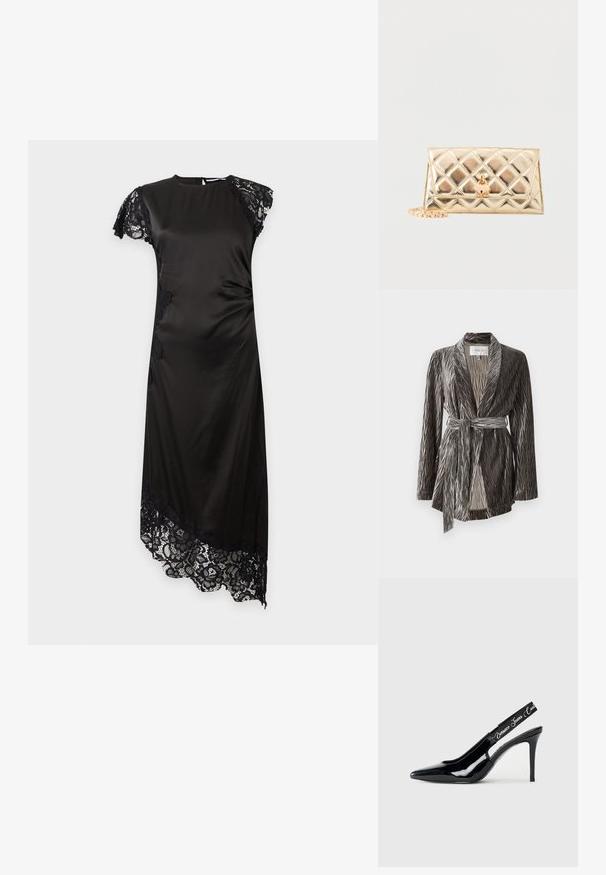 Veste wrap grise douce et texturée avec des manches longues, un design plissé et une ceinture assortie. Elle présente un col châle et une coupe mi-longue.; Robe noire en satin avec des manches courtes en dentelle et un ourlet asymétrique bordé de dentelle noire assortie. Aucun objet visible à l’arrière-plan.; Escarpin noir en cuir verni avec un design à bout pointu,Featuring une section découpée et une sangle élastique embossée du nom de la marque.; Pochette matelassée métallisée dorée avec serrure en forme de cœur et chaîne dorée attachée sur fond blanc.