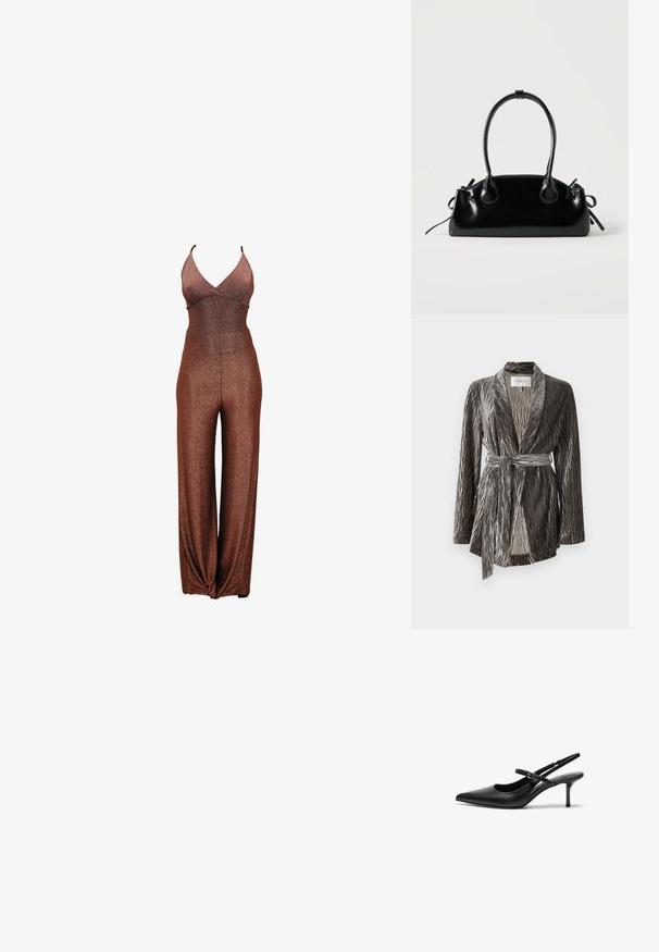 Zachte, gestructureerde grijze wikkeljas met lange mouwen, geplooid ontwerp en een bijpassende riem. Beschikt over een sjawl-kraag en een middellange snit.; Bronzen glinsterende jumpsuit met een diepe V-hals, dunne bandjes en wijd uitlopende pijpen. Soepele textuur met een nauwsluitend lijfje en een elastische taille.; Zwarte leren slingback hakken met een puntige neus, slanke verstelbare band en een ongeveer 5 cm hoge stiletto hak, met een gladde textuur.; Kleine zwarte glanzende handtas met twee lange hengsels en zijkant trekkoord details op een effen lichte achtergrond.