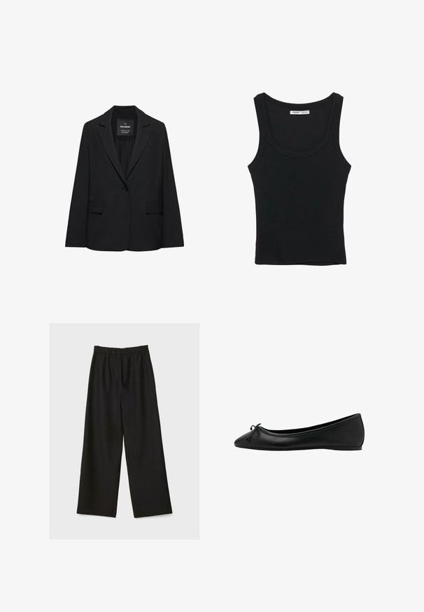 Blazer noir sur mesure avec fermeture à un bouton, revers crantés et poches à rabat, étiquette Pull&Bear, présenté sur fond blanc.; Débardeur noir côtelé sans manches avec un col rond et un ourlet droit, étiquette à l'intérieur du dos du cou.; Pantalon noir à jambes larges avec une taille élastique, présenté à plat sur fond blanc.; Ballerine plate en cuir noir avec bout pointu et petit nœud sur le devant, semelle plate, vue de côté.