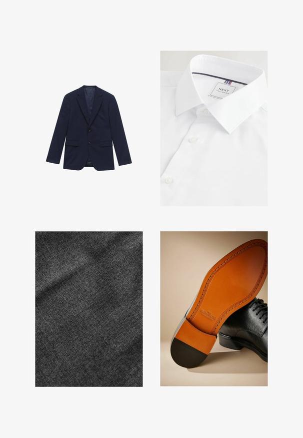 Blazer homme bleu marine à revers crantés, deux boutons, poches à rabat et doublure satinée lisse, présenté à plat sur fond blanc.; Chemise blanche en tissu texturé, col classique et petite patte de boutonnage. Étiquette indiquant "NEXT TAILORING" avec des accents colorés.; Tissu noir texturé avec une surface douce et légèrement brillante, présentant un motif de tissage subtil et une drapé fluide.; Chaussure en cuir noir avec un dessus texturé, semelle en cuir marron contrastant et talon noir. Présente des coutures visibles et un logo sur la semelle intérieure.