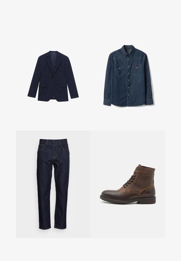 Blazer homme bleu marine à revers crantés, deux boutons, poches à rabat et doublure satinée lisse, présenté à plat sur fond blanc.; Chemise à manches longues en denim bleu foncé avec boutons-pression sur le devant, deux poches poitrine à rabat avec fermeture à bouton-pression, et un col pointu.; Jeans en denim bleu foncé avec une coupe droite, cinq poches et des coutures jaunes contrastées. Conçus avec une fermeture classique à bouton et à glissière.; Jack & Jones JFWDELANEY BOOT - Bottines à lacets - cognac