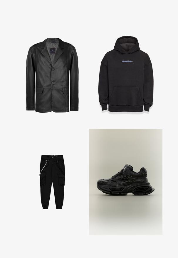 Blazer en cuir noir avec un col cranté, deux boutons et deux poches avant. Texture lisse avec des détails de couture subtils.; Sweatshirt à capuche noir en tissu en mélange de coton. Il comporte une poche frontale et un logo en bleu et rouge. Poignets et ourlet côtelés.; Pantalons cargo noirs en tissu léger, dotés de deux poches latérales, d'une taille élastique et de poignets ajustables.; Baskets noires épaisses avec un design texturé, semelle épaisse et fermeture à lacets, présentées sur un fond neutre uni.