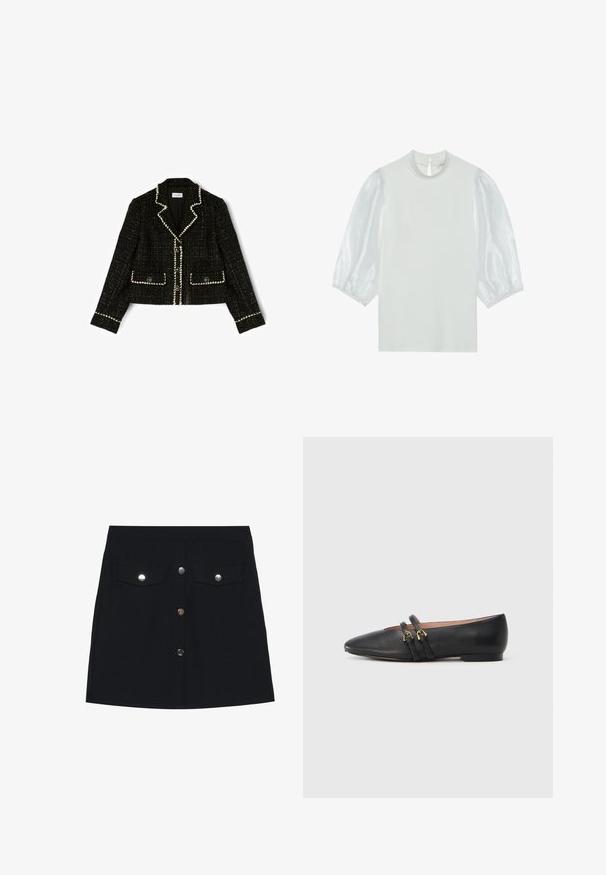 Blazer court en tweed noir avec bord blanc, col à revers, fermeture à boutons et deux poches avant à rabat.; Haut blanc avec des manches courtes en organza, encolure ronde et fermeture à boutons au dos. Texture lisse avec un design épuré et minimaliste.; Jupe mini en denim noir avec une coupe droite, dotée de deux poches poitrine, de cinq boutons en métal argenté sur le devant et d'une texture lisse.; Chaussures plates en cuir noir avec un bout pointu, dotées de deux brides noires avec des accents en métal doré. Texture lisse et talon bas.