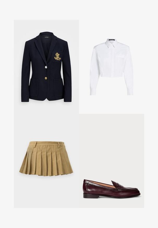 Tumesinern blazer tekstuuriga kangast, kuldsete detailidega, ühe nööbi sulgemise ja rinnaesise taskuga, millel on tikandiga logo.; Valge lühendatud pikkade varrukatega särk, mis on valmistatud siidisest puuvillast, terava krae, pika varruka ja vasakul küljel peene taskudetailiga.; Kollane plisseerisood, millel on hästi sobiv vöökoht, mitmed pliiatsid ja sirge äär. Nähtavad kinnitused või aksessuaarid puuduvad.; Burgundi värvi nahast loaferid sileda viimistluse, ümmarguse nina, dekoratiivse õmblusega ja madala kannaäärtega. Interjööril on pehme beež vooder.