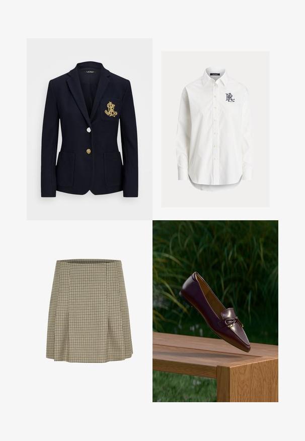 Marineblazer med struktureret stof, guldfarvet hardware, en enkelt knaplukning og en brystlomme med et broderet logo.; Hvid langærmet skjorte med knapper og spidser krave samt sort broderet logo på venstre bryst.; Brun og beige ternet nederdel med plisseringer, der har en lige snit og en glat tekstur. Ingen synlig hardware eller accenter.; Brun læder loafer med sløjfedetalje, der svæver over en træbænk, grønne blade sløret i baggrunden.