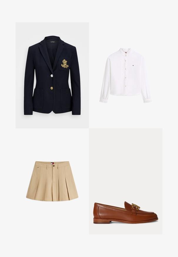 Tumesinern blazer tekstuuriga kangast, kuldsete detailidega, ühe nööbi sulgemise ja rinnaesise taskuga, millel on tikandiga logo.; Valge pika varrukaga pluus volditud krae ja mansettidega, esiküljel kuldsed nööbid ning vasakul rinnal väike Tommy Hilfigeri logo.; Beež värviga volditud miniseelik vööaasade, eesmist kinnitust nuppudega, küljetaskute ja väikese Tommy Hilfigeri logoga vasakul küljel.; Pruun nahast loafers madala virnastatud kandiga ja kulla metallist pandlaga detail peal, kujutatud küljeprofiilis ühtlasel taustal.