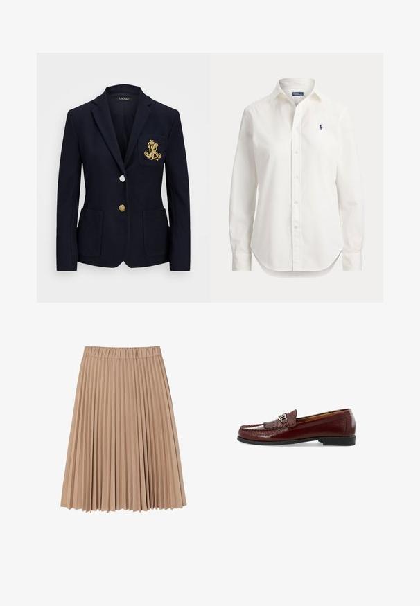Tumesinern blazer tekstuuriga kangast, kuldsete detailidega, ühe nööbi sulgemise ja rinnaesise taskuga, millel on tikandiga logo.; Valge pika varrukaga nööbitav triiksärk, krae ja väikese sinise polomängija logoga vasakul rinnal.; Pleedi seelik, mis on valmistatud pehmest beežist kangast; omab elastset vöökohta ja voolavat disaini ühtlaste, kitsaste pleatidega kogu ulatuses.; Burgundi värvi nahkad sügavaherne kingad tekstuuriga viimistluse, dekoratiivse pommi ja hõbedase tooni vinnaga. Madala profiiliga must kummitald.