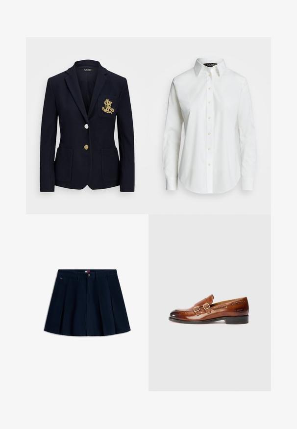 Tumesinern blazer tekstuuriga kangast, kuldsete detailidega, ühe nööbi sulgemise ja rinnaesise taskuga, millel on tikandiga logo.; Valge pika varruka nööbi-särk, mis on valmistatud puuvillast. Omab klassikalist kraed, seitset nööpi ja õrnalt tikitud logo rinnal.; Tumesinine plisseeritud mini-seelik esikäepidemete ja luku, vööaasa, küljetaskute ning väikese logoga vasakul puusal.; Pruunist nahast loafersid kahe pandlaga, ümar näpp, õmblusdetailid ja madal konts; poleeritud viimistlus ja reljeefne bränding küljel.