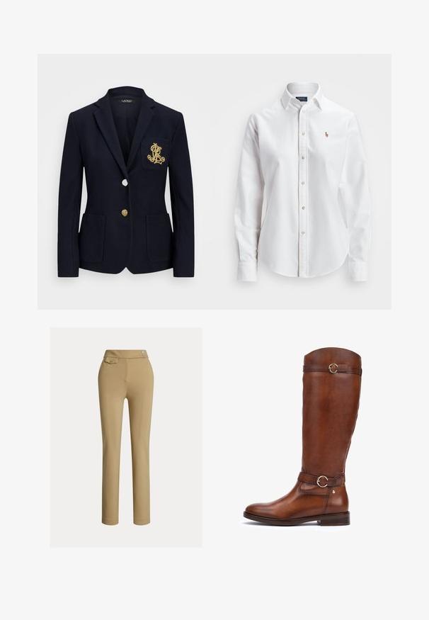 Marineblazer med struktureret stof, guldfarvet hardware, en enkelt knaplukning og en brystlomme med et broderet logo.; Hvid langærmet skjorte med knapper lavet af bomuld, der har en klassisk krave og et lille broderet logo på brystet.; Beige skræddersyede bukser med en glat tekstur, høj talje, to dekorative knapper og en enkelt baglomme. Lige ben-design.; Brune læderstøvler til knæene med en glat finish, en rundt tå, et dekorativt bælte med en cirkulær spænde, og en lav stablet hæl.
