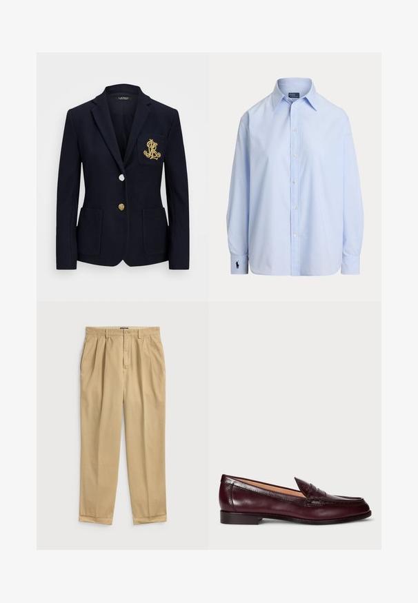 Tumesinern blazer tekstuuriga kangast, kuldsete detailidega, ühe nööbi sulgemise ja rinnaesise taskuga, millel on tikandiga logo.; Hele sinine pika varrukaga nööpidega särk terava kraega ning vasakul mansetil tikitud logoga, valgel taustal.; Heledava beežid puuvillaste pükste lõdva lõikega, millel on ees voldid, küljetaskud ja mansettidega alläär.; Burgundi värvi nahast loaferid sileda viimistluse, ümmarguse nina, dekoratiivse õmblusega ja madala kannaäärtega. Interjööril on pehme beež vooder.