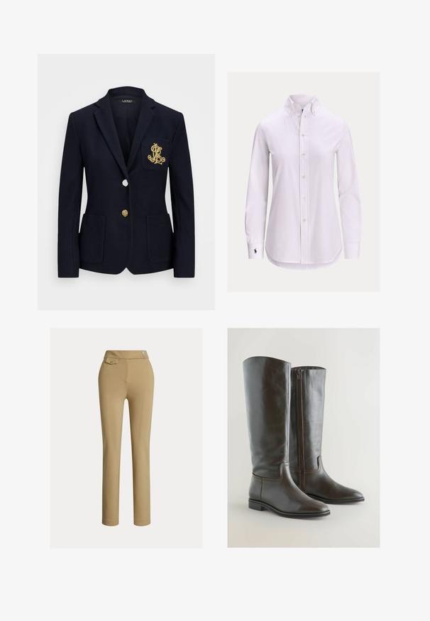 Marineblazer med struktureret stof, guldfarvet hardware, en enkelt knaplukning og en brystlomme med et broderet logo.; Hvid langærmet skjorte med knapper foran, knappet krave og lille broderet logo på venstre manchet.; Beige skræddersyede bukser med en glat tekstur, høj talje, to dekorative knapper og en enkelt baglomme. Lige ben-design.; Brune læder knæhøje støvler med et strømlinet design, spidse tæer og en lynlås på siden. Flad hæl og diskrete syninger fremhæver stilen.
