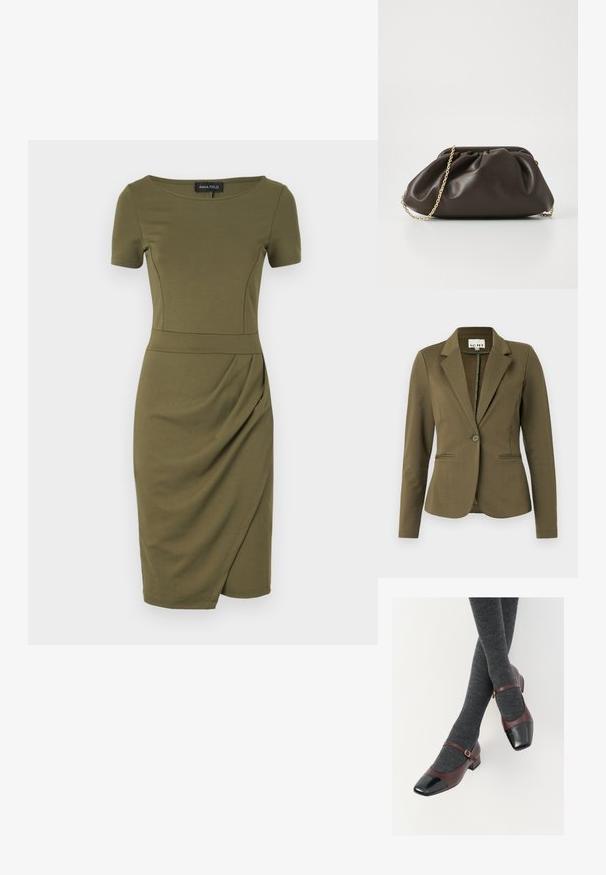 Blazer vert olive avec un col cranté, fermeture à un bouton, deux poches avant et tissu texturé. Design minimaliste.; Robe ajustée vert olive avec des manches courtes, un décolleté rond et un drapé sur le côté. Fabriquée à partir d'un tissu lisse et extensible.; Chaussures Mary Jane en cuir bordeaux avec un contrefort en verni noir et une fine sangle à la cheville ; portées avec des chaussettes côtelées gris foncé. Talon carré bas.; Sac à main en cuir marron avec un design froncé, une bandoulière en chaîne dorée et une finition douce et texturée. Sa forme compacte est idéale pour une utilisation en soirée.