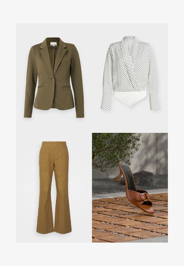 Olivgrüner Blazer mit Reverskragen, einreihiger Knopfschluss, zwei Gesäßtaschen und strukturierter Stoff. Minimalistisches Design.; Weißer langärmeliger Bodysuit mit Wickeldesign, versehen mit einem schwarzen Punktemuster, weichem Stoff und einem glatten weißen unteren Bereich.; Braune, ausgestellte Hosen aus strukturiertem Stoff mit einem Rautenmuster und offenen Details, mit einem taillierten Bund und weiten Beinen.; Braune Leder-Mules mit hohem Absatz und Schnallendetail, auf der Innensohle mit „Guess“ gebrandet, auf gemusterten Holzkacheln mit Grünpflanzen und Betonwand im Hintergrund platziert.