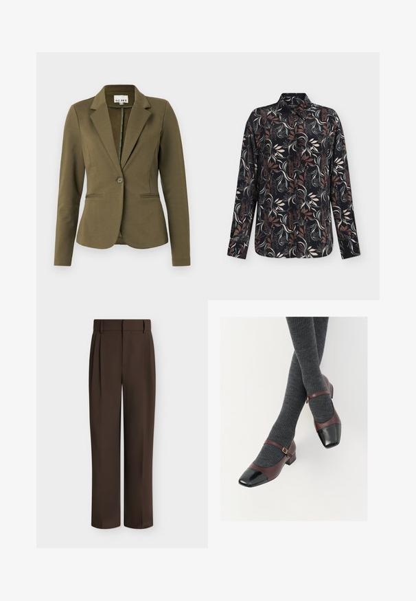 Olivgrüner Blazer mit Reverskragen, einreihiger Knopfschluss, zwei Gesäßtaschen und strukturierter Stoff. Minimalistisches Design.; Langärmliges schwarzes Hemd mit abstrakten Blatt- und Blumenmustern in Braun-, Beige- und Grüntönen, mit spitzem Kragen und geknöpften Manschetten.; Gerade geschnittene dunkelbraune formelle Hose mit Gürtelschlaufen und Vorderfalten, auf einfachem hellem Hintergrund dargestellt.; Burgunderfarbene Leder-Mary-Jane-Schuhe mit einer schwarzen Lack-Zehenkappe und dünnem Knöchelriemen; getragen mit dunkelgrauen gerippten Socken. Niedriger Blockabsatz.
