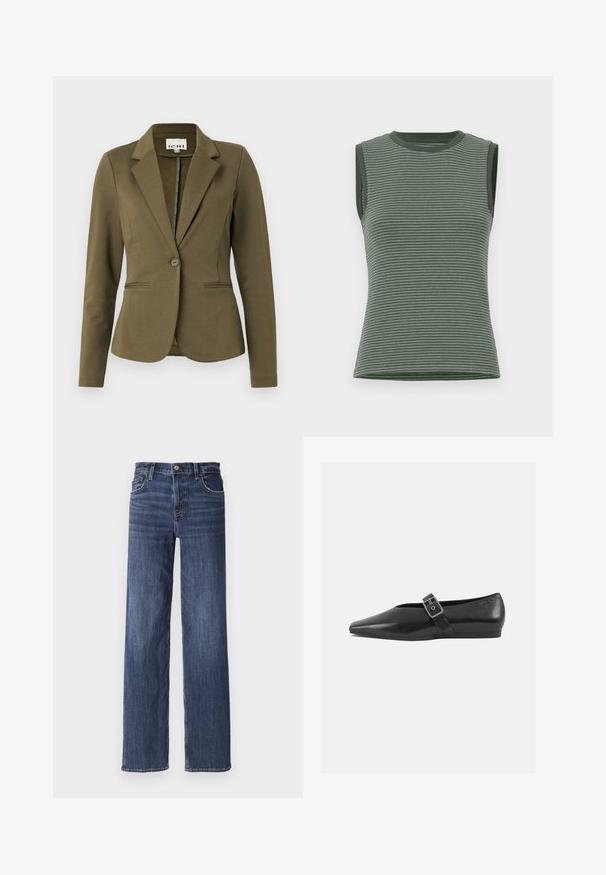 Blazer vert olive avec un col cranté, fermeture à un bouton, deux poches avant et tissu texturé. Design minimaliste.; Débardeur sans manches de couleur vert muet, présentant des rayures horizontales, une texture côtelée et un col rond avec des finitions contrastées aux emmanchures.; Jeans en denim bleu foncé avec une coupe droite, dotés d'une fermeture à bouton, d'un style à cinq poches et d'une légère décoloration à l'avant.; Chaussure plate en cuir noir avec un orteil pointu, présentant une sangle à boucle métallique sur le cou-de-pied et une semelle basse et flexible.