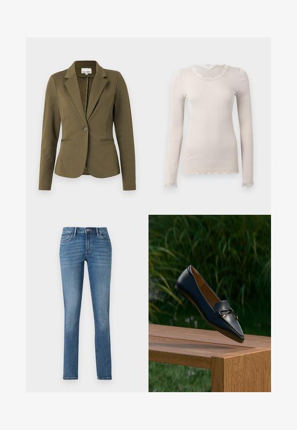 Blazer verde oliva con cuello de muesca, cierre de un solo botón, dos bolsillos frontales y tela texturada. Diseño minimalista.; Top de manga larga color beige, confeccionado en tejido acanalado, que presenta un escote y bajo de encaje con borde ondulado, además de delicados detalles de encaje en los puños.; TOM TAILOR TTLENE SLIM FIT - Vaqueros slim fit - clean mid stone blue denim; Mocasín de cuero negro con un detalle de lazo flotando sobre un banco de madera, con hierba verde y plantas en el fondo.
