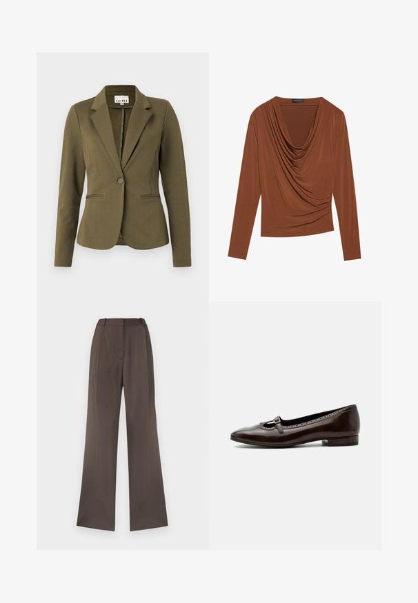 Olivgrüner Blazer mit Reverskragen, einreihiger Knopfschluss, zwei Gesäßtaschen und strukturierter Stoff. Minimalistisches Design.; Langärmliges Oberteil in Dunkelbraun, mit einem drapierten Ausschnitt und gerafften Seitendetails, aus glattem, dehnbarem Stoff hergestellt.; Weite Hosen aus festem braunem Stoff mit glatter Textur, Gürtelschlaufen, vorderer Bügelfalte und ohne sichtbare Taschen.; Dunkelbrauner Lackleder-Mary-Jane-Schuh mit niedrigem Absatz, rundem Zehenbereich und kleinem Schnallenriemen über dem Spann.