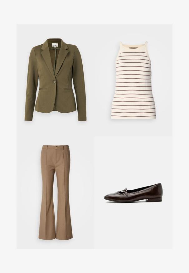 Olijfgroene blazer met een notch-kraag, enkele knoopsluiting, twee voorzakken en een gestructureerde stof. Minimalistisch ontwerp.; Geribbelde tanktop in crème met horizontale bruine strepen. Beschikt over brede banden en een getailleerd silhouet. Label zichtbaar bij de halslijn.; Bruine flared broeken met een gladde textuur, voorzien van een sluiting met een voorknop en verticale naden voor structuur.; Donkerbruine lakleren Mary Jane-schoen met lage hak, afgeronde neus en een klein gespsluiting over de wreef.