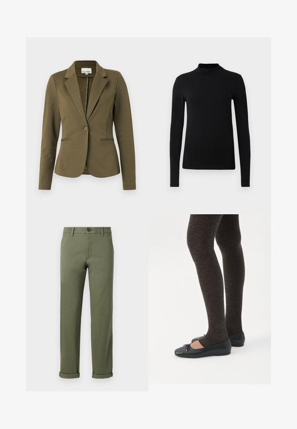 Blazer verde oliva con cuello de muesca, cierre de un solo botón, dos bolsillos frontales y tela texturada. Diseño minimalista.; Camiseta negra de cuello alto de manga larga hecha de una tela suave; diseño ajustado con un alto cuello y sin costuras visibles. Color sólido y sencillo.; Pantalones de algodón verde oliva con corte recto, con cierre frontal de botones y puños doblados. Textura suave, diseño minimalista.; Piernas con leggings oscuros acanalados combinados con bailarinas negras que presentan pequeños detalles de lazo sobre un fondo blanco.