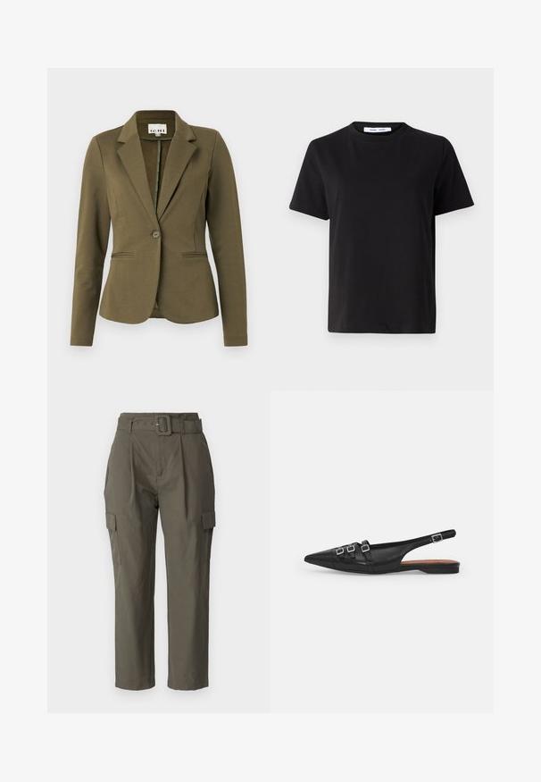 Olijfgroene blazer met een notch-kraag, enkele knoopsluiting, twee voorzakken en een gestructureerde stof. Minimalistisch ontwerp.; Zwart T-shirt met korte mouwen, gemaakt van zachte katoen, met een ronde hals, een ontspannen pasvorm en een gladde textuur. Geen zichtbare patronen of opdrukken.; Olijfgroene cargobroeken, gemaakt van lichte stof. Kenmerken zijn onder andere een ceintuur in de taille, voorplooien en zijzakken met klepsluitingen.; Zwarte leren slingback ballerina met spitse neus, voorzien van twee horizontale bandjes en vierkante zilveren gespen, lage hak en een gladde textuur.