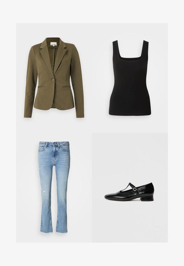Olijfgroene blazer met een notch-kraag, enkele knoopsluiting, twee voorzakken en een gestructureerde stof. Minimalistisch ontwerp.; Zwarte mouwloze tanktop met een vierkante halslijn, gemaakt van gladde stof; aansluitend ontwerp zonder patronen of hardware accenten.; Lichtblauwe denim flare jeans met distressed details, vijf zakken, knoopsluiting en een rafelige zoom bij de enkels.; Zwarte leren Mary Jane schoenen met een puntige neus, een kleine blokhak en een verstelbare riem met een zilveren gesp. Gladde, glanzende textuur.
