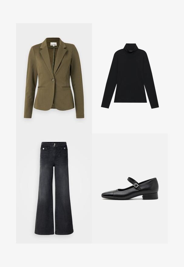 Blazer vert olive avec un col cranté, fermeture à un bouton, deux poches avant et tissu texturé. Design minimaliste.; Turtleneck à manches longues noir. Tissu doux, design près du corps, col montant et coutures latérales. Style simple et polyvalent, idéal pour le superposition.; Jean large en denim noir avec taille haute, boutons sur le devant et deux poches avant ; texture lisse avec une légère finition décolorée.; Chaussures Mary Jane en cuir noir avec un embout en vernis, une sangle cheville réglable et un petit talon carré. Texture lisse et design élégant.