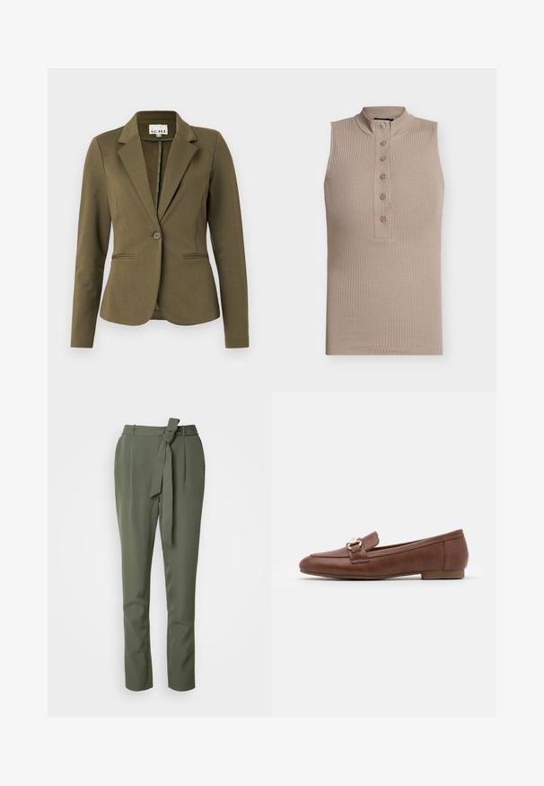 Blazer verde oliva con cuello de muesca, cierre de un solo botón, dos bolsillos frontales y tela texturada. Diseño minimalista.; Top sin mangas beige con cuello alto, textura acanalada y una tapeta con seis botones en el frente. Diseño sencillo y forma ajustada.; Pantalones verde oliva hechos de tejido suave, con un cinturón atado en la cintura, piernas rectas y bolsillos laterales para un look a medida.; Mocasines de cuero marrón con suela plana, un diseño de costura y un detalle de hebilla en tono dorado en la correa sobre el empeine.
