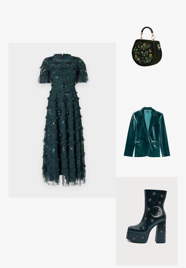 Skræddersyet blazer i teal velour med stiklaner, enkelt knaplukning og to forlommer. Glat tekstur og tætsiddende pasform.; Mørkegrøn kjole med korte ærmer, som har lagdelte flæser og palietblomsterdekorationer. Halvlængde, blødt stof med et gennemsigtigt overlay.; Sort platformstøvle med blokhæl, dekoreret med sølvbroderede stjerner og en måne på siden.; Mørkegrøn håndtaske med rund form, top-håndtag og broderede motiver af solsikker, blade, guldsmed, sommerfugl og fugl.