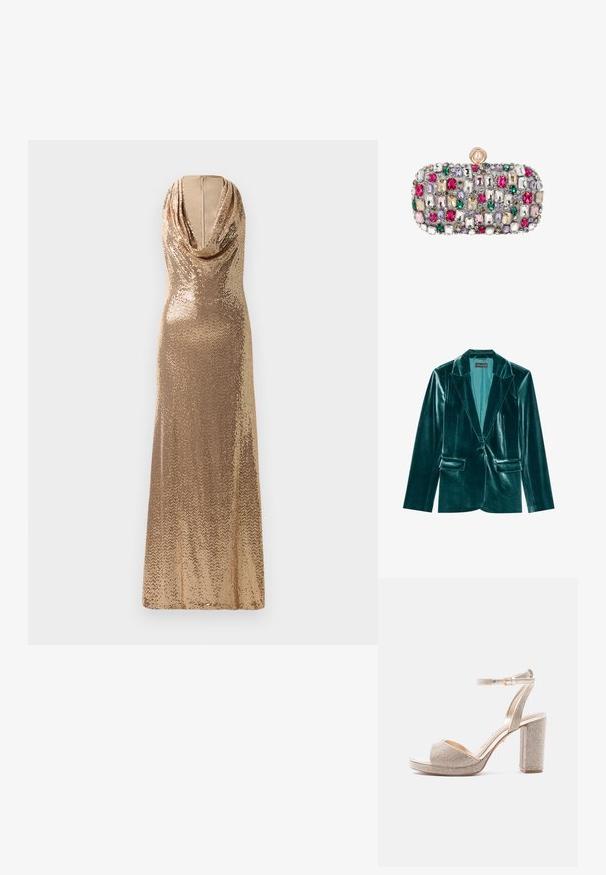Teal fluwelen blazer met een revers, enkele knoopsluiting en twee voorkanten zakken. Gladde textuur en een pasvorm op maat.; Gouden pailletten avondjurk met een gedrapeerde halslijn en een aansluitende silhouet. Vloerlange uitvoering met een glinsterende textuur en een zijsplit.; Open hiel sandaal met hoge hak, enkelbandje, blokhak en sprankelende strassversieringen op een metalen basis.; Rechthoekige clutch bedekt met meerkleurige rechthoekige en ronde edelstenen met een ronde parelsluiting bovenop.
