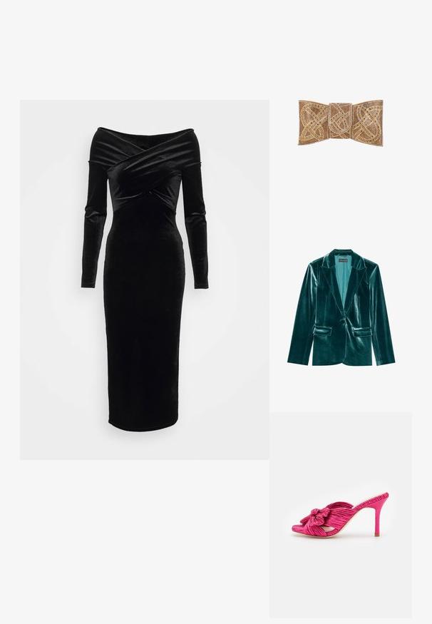 Blazer de terciopelo verde azulado con solapa muesca, cierre de un solo botón y dos bolsillos frontales. Textura suave y corte ajustado en toda su extensión.; Vestido de terciopelo negro sin hombros con mangas largas, silueta ajustada y un diseño cruzado en el busto. Longitud midi y textura suave.; Loeffler Randall CLAUDIA - Mules de tacón - fuchsia; Bolso de mano en tono dorado con intrincados patrones de nudos celtas bordados con cuentas y cierre de solapa, presentado sobre un fondo blanco.