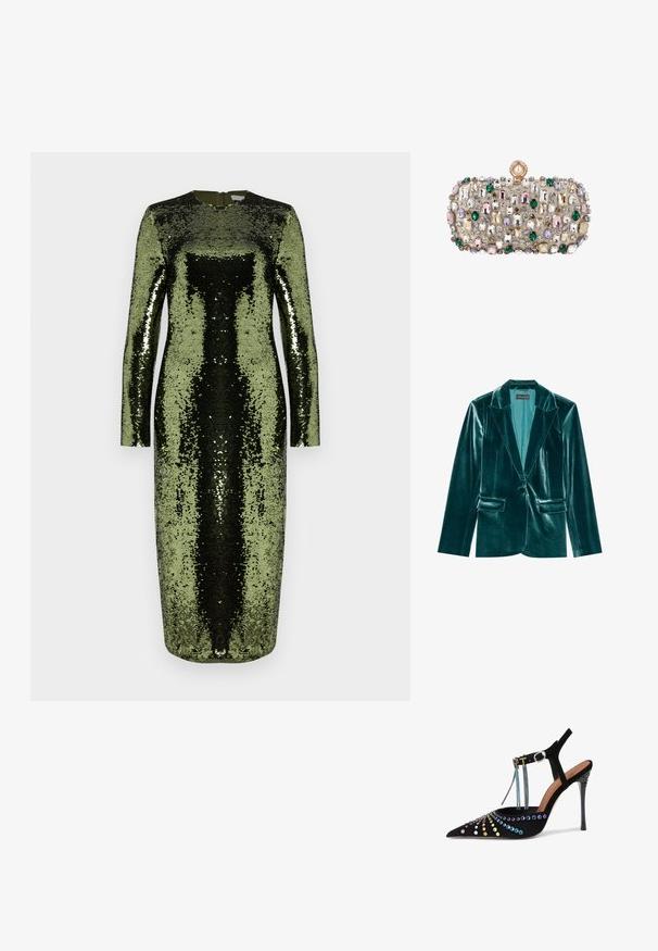 Teal fluwelen blazer met een revers, enkele knoopsluiting en twee voorkanten zakken. Gladde textuur en een pasvorm op maat.; Langsleevige, vloerlange jurk bedekt met groene en zwarte pailletten. Kenmerkt zich door een ronde halslijn en een ritssluiting aan de achterkant.; Zwarte suède hoge hakken met een puntige neus, versierd met kleurrijke edelstenen en kettingen, voorzien van een slingback-bandje en een stilettohak.; Rechthoekige beige clutch versierd met meerkleurige edelstenen in groen, roze, paars, wit en goud, met een gouden parelsluiting bovenaan.