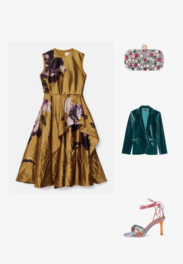 Teal fluwelen blazer met een revers, enkele knoopsluiting en twee voorkanten zakken. Gladde textuur en een pasvorm op maat.; Erdem SLEEVELESS ASYMMETRICAL TIERED DRESS - Cocktailjurk - gold; Sandaal met hoge hak en meerkleurige metallic bandjes, oranje hak, lavendelkleurige binnenzool en roze enkellintjes die in een strik zijn gebonden.; Rechthoekige clutch bedekt met meerkleurige rechthoekige en ronde edelstenen met een ronde parelsluiting bovenop.