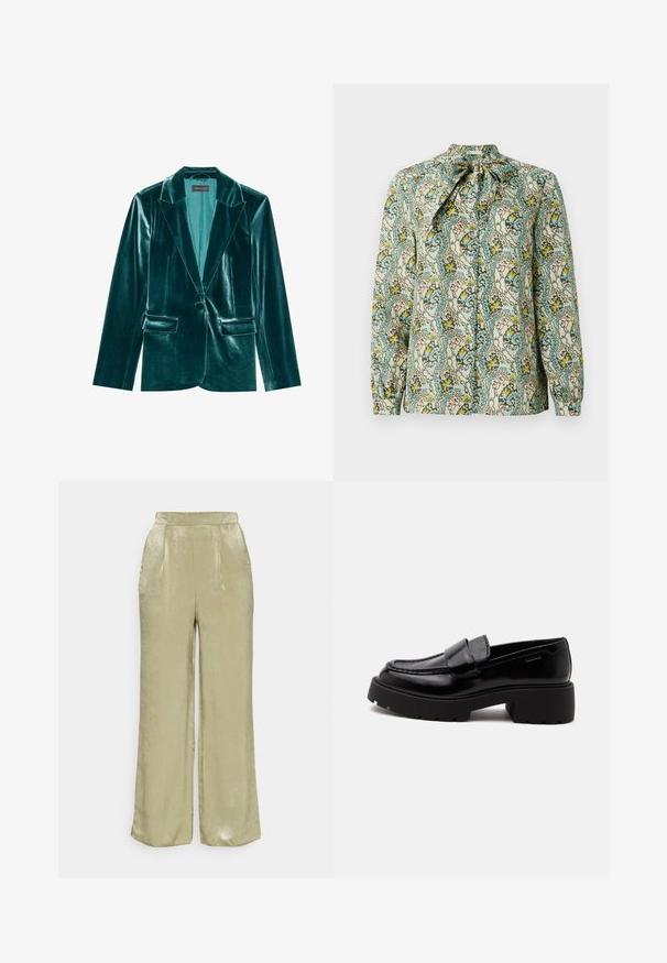 Skræddersyet blazer i teal velour med stiklaner, enkelt knaplukning og to forlommer. Glat tekstur og tætsiddende pasform.; Langærmet bluse med knytning i halsen, lavet af letvægtsstof med et flerfarvet blomstret og abstrakt mønster på en lys baggrund.; Lys grønne vide bukser lavet af skinnende stof med en glat tekstur, featuring to sidelommer og en flad talje.; Sort blank læderloafer med chunky sål og lav blokhæl, sidesyning og en bred rem over toppen.