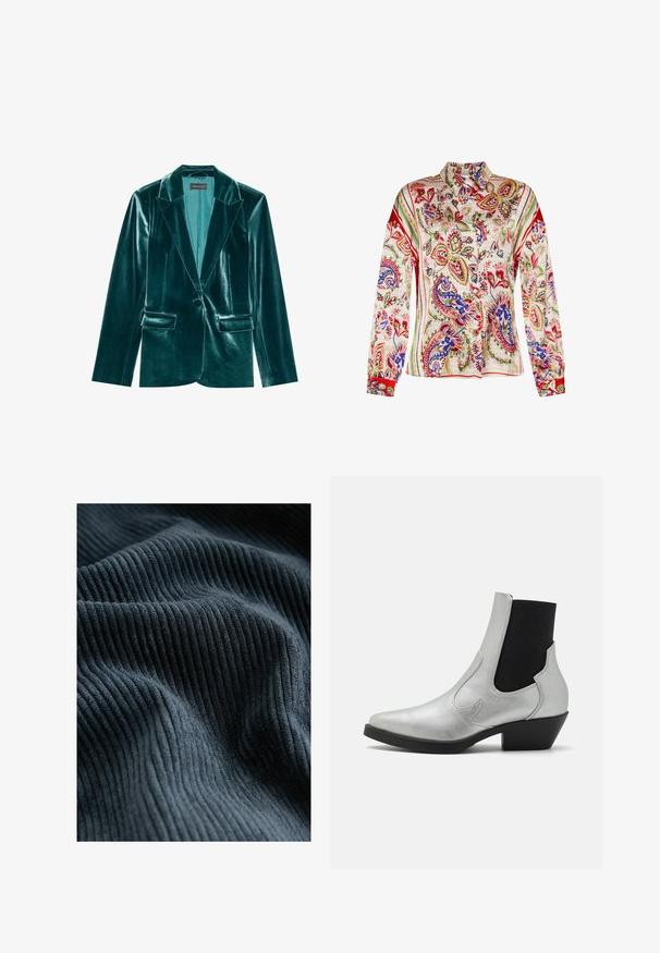 Blazer de terciopelo verde azulado con solapa muesca, cierre de un solo botón y dos bolsillos frontales. Textura suave y corte ajustado en toda su extensión.; Blusa de manga larga en tejido ligero con un patrón de paisley multicolor y acentos en rojo, cuello con solapa y cierre de botones.; Tejido de ribete azul oscuro con una superficie suave y texturada, que presenta líneas verticales y suaves ondas, creando profundidad y movimiento.; ONLY SHOES ONLBRONCO SHORT - Botines camperos - silver