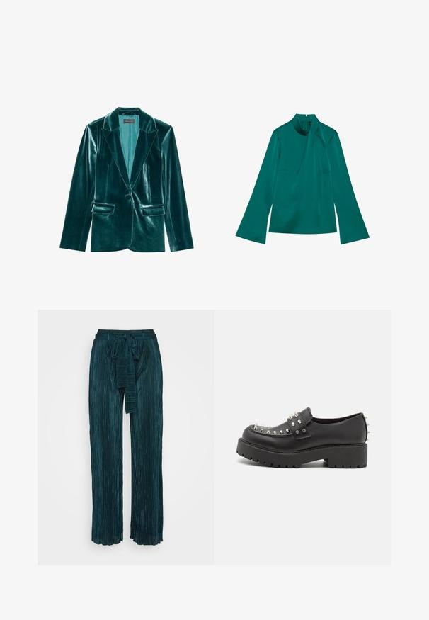 Teal fluwelen blazer met een revers, enkele knoopsluiting en twee voorkanten zakken. Gladde textuur en een pasvorm op maat.; Teal zijden blouse met lange uitlopende mouwen, hoge hals en subtiele draperingdetails. Heeft een ritssluiting aan de achterkant en een gladde textuur.; Teal brede broekspijpen van textuurmateriaal met verticale plooien. Bevat een strik taille en een gladde afwerking aan de zoom.; Monki Instappers - black dark
