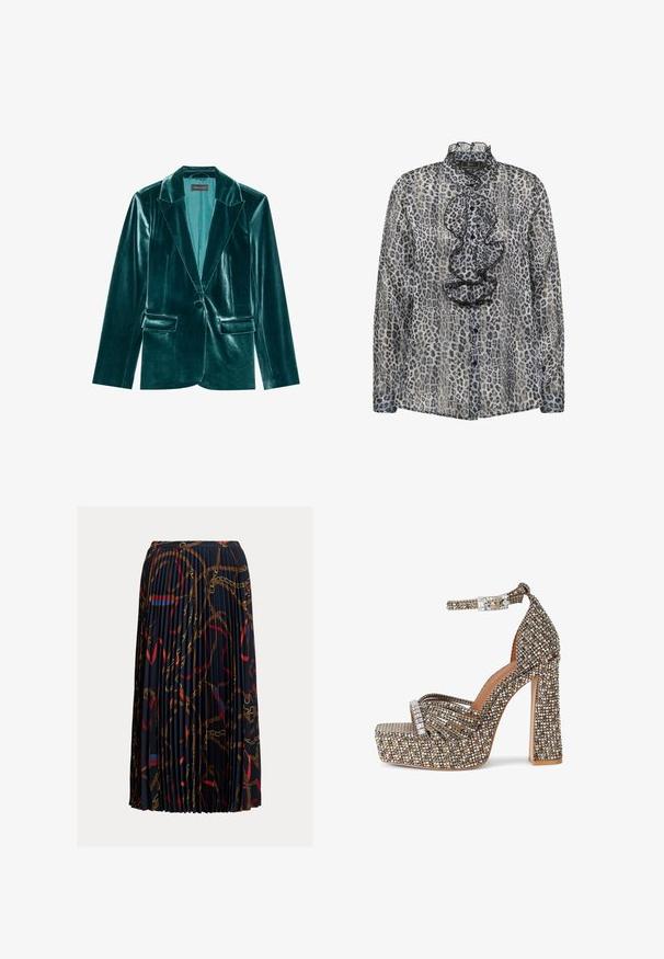 Teal fluwelen blazer met een revers, enkele knoopsluiting en twee voorkanten zakken. Gladde textuur en een pasvorm op maat.; Transparante blouse met lange mouwen, grijs-zwart dierenprint, gerimpelde hoge kraag en gerimpeld detail aan de voorkant met zwarte knopen.; Plissérok gemaakt van lichtgewicht stof, met een donker marineblauwe achtergrond en een gouden en rode kettingpatroon, en een tailleband voor een aansluitende look.; Sandaal met plateauzool en hoge hak, enkelriem met meerkleurige strass steentjes, open teen en stevige hak.