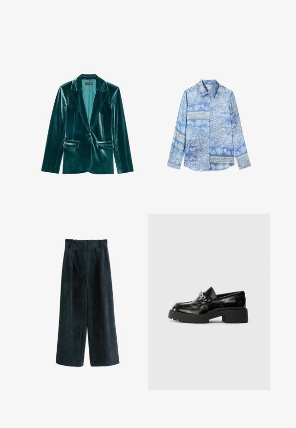 Blazer de terciopelo verde azulado con solapa muesca, cierre de un solo botón y dos bolsillos frontales. Textura suave y corte ajustado en toda su extensión.; Camisa de manga larga abotonada en azul con patrones florales blancos y motivos paisley, y rayas decorativas horizontales en el pecho y las mangas.; Pantalones de pata ancha de micropana verde oscuro con un acabado texturizado, que presentan pliegues delanteros, una cinturilla suave y un dobladillo recortado.; Mocasines de cuero negro con acabado brillante, con un detalle de metal plateado y suela de goma gruesa, diseñados para un aspecto moderno.