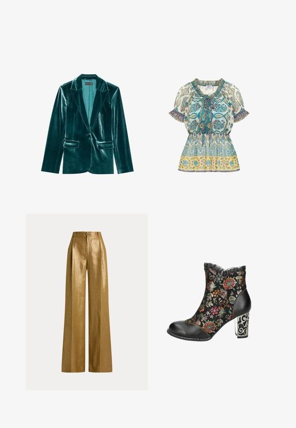 Blazer de terciopelo verde azulado con solapa muesca, cierre de un solo botón y dos bolsillos frontales. Textura suave y corte ajustado en toda su extensión.; Blusa ligera con estampado floral multicolor. Presenta un escote fruncido, mangas cortas abullonadas con bordes con volante y una cintura ceñida.; Pantalones de cintura alta y pierna ancha en tela dorada metálica con cierre de botón y cremallera, y trabillas para cinturón en la cintura.; Botas negras hasta el tobillo con bordado floral colorido, borde de encaje y un tacón alto plateado con patrón. Presentan una puntera redondeada y costuras en contraste.