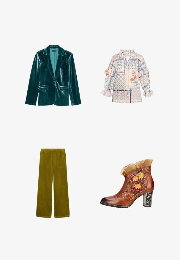 Teal fluwelen blazer met een revers, enkele knoopsluiting en twee voorkanten zakken. Gladde textuur en een pasvorm op maat.; Multikleurige katoenen blouse met een patchworkontwerp van bloem- en geometrische patronen, gerimpelde mouwen en een hoge, elastische halslijn.; Olijfgroene corduroy wijde broek met een gestructureerd ribbelpatroon, een elastische tailleband en zijzakken, met een zachte afwerking.; Bruine leren enkellaars met geborduurde bloemen, decoratieve studs, gerimpelde stoffen rand en een sierlijke zwarte blokhak met patroon.