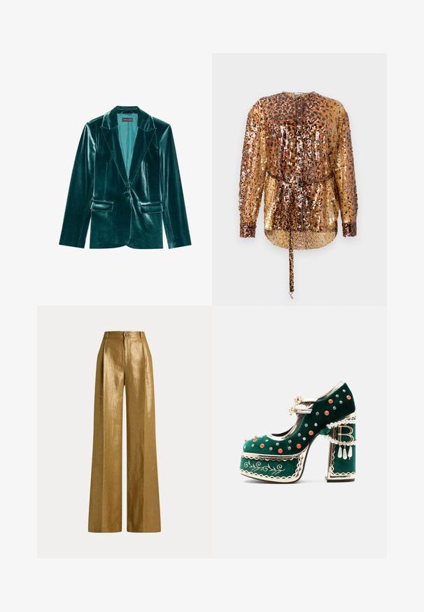 Teal fluwelen blazer met een revers, enkele knoopsluiting en twee voorkanten zakken. Gladde textuur en een pasvorm op maat.; Rabanne Blouse - hairy/brown/black; Hoog getailleerde broek met wijde pijpen in metallic goud stof met knoop- en ritssluiting en riemlussen in de tailleband.; Groene fluwelen platformschoen met decoratieve rode en zilveren studs, parelriemen, gouden biezen, borduurwerk en een blokhak met hangende parels en een "B" bedel.